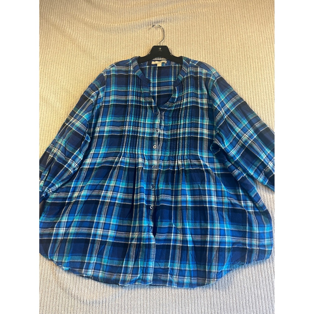 Woman Within Blue Plaid Flannel 2X Shirt Pintuck 26/28 Split Neck Top